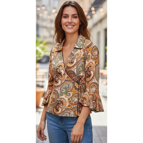 Retro 70s Style Paisley Bell Sleeve Blouse SZ Small Hippie Disco Y2K Psychedelic - Picture 1 of 8